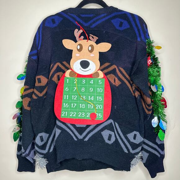 Ugly Christmas Sweater Singing Santa LIGHTS UP Tinsel Party Winner Size Medium - Picture 3 of 4